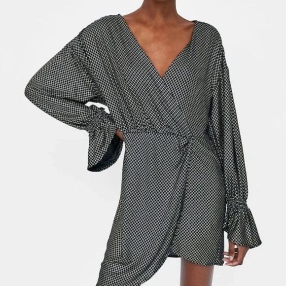 🖤💙 Zara Metallic Blue Silver & Black Bell Sleeve Party Dress NWT - Picture 3 of 5